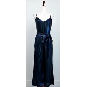 L'Agence Blue Metallic Wide Leg V-Neck Jaelyn Jumpsuit